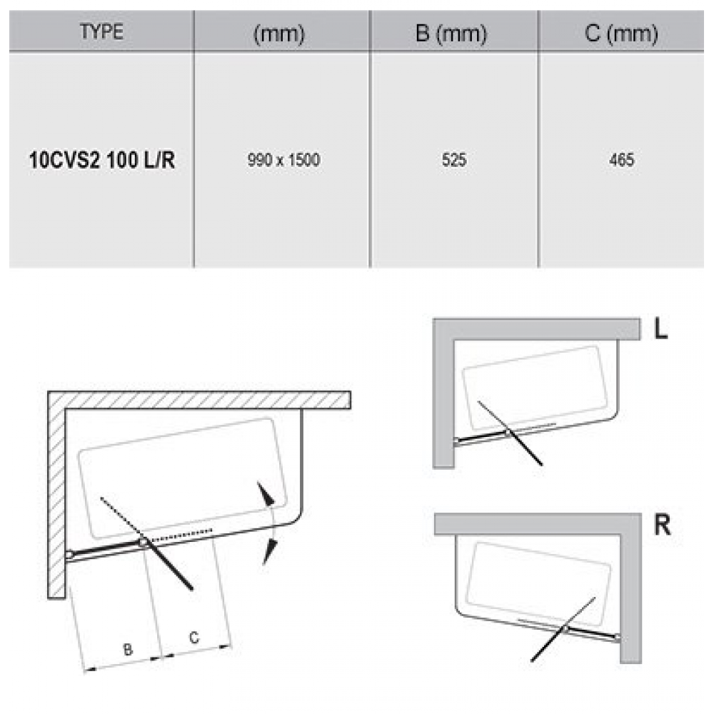  Штори для ванни Ravak 10CVS2-100 L white+Transparent 990 x 1500, 7QLA0103Z1