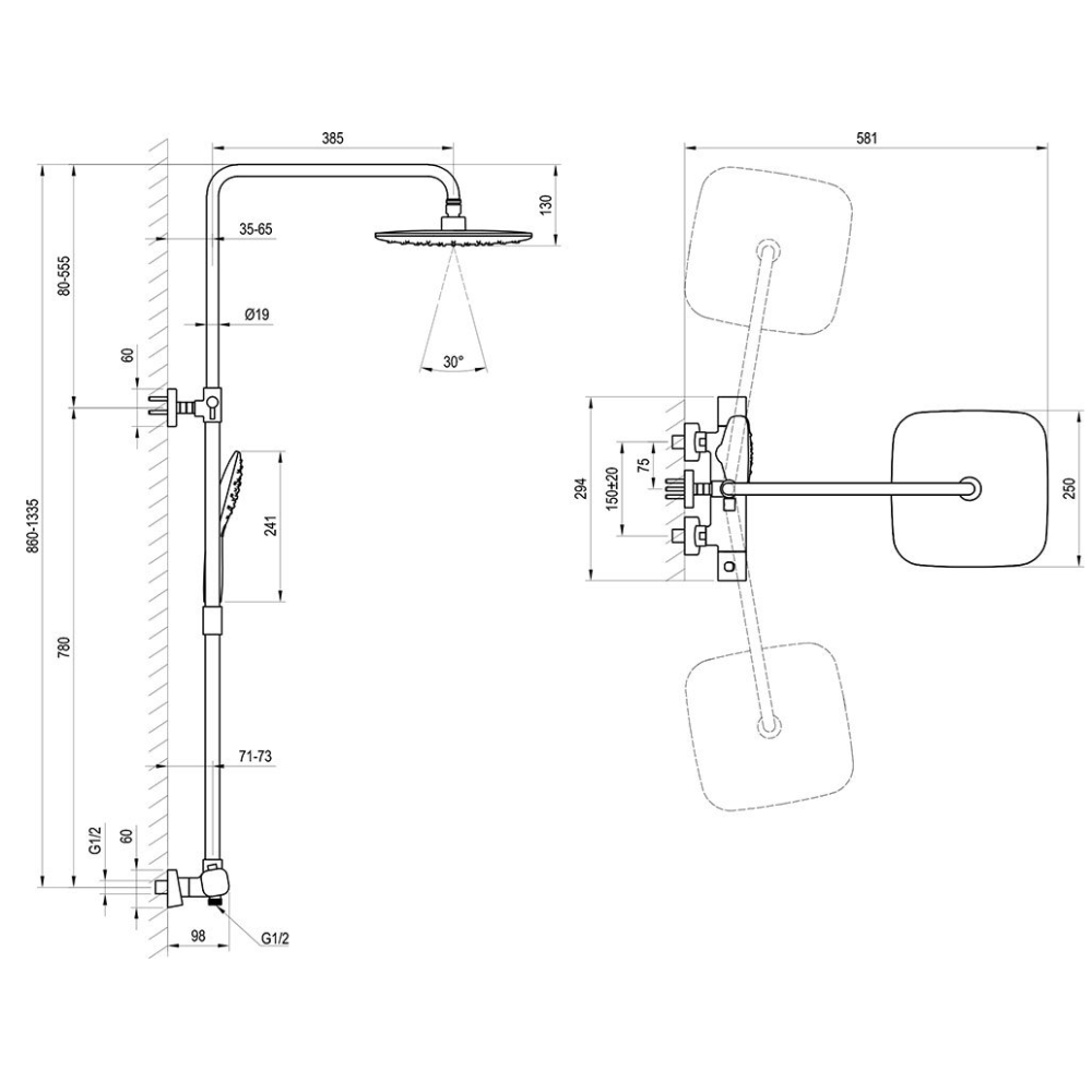 Душевая система с термостатом Ravak 10° Free X070160