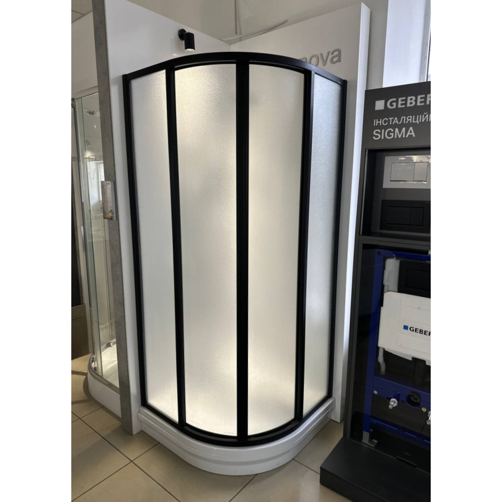 Комплект: Полукруглый душевой уголок Ravak SUPERNOVA SKCP4 - 90 Grape, стекло, черный, 3117O302ZG + Поддон Ravak GALAXY ELIPSO 90 PAN, акрил, A227701410 (Выставочный образец)