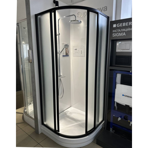 Комплект: Полукруглый душевой уголок Ravak SUPERNOVA SKCP4 - 90 Grape, стекло, черный, 3117O302ZG + Поддон Ravak GALAXY ELIPSO 90 PAN, акрил, A227701410 (Выставочный образец)