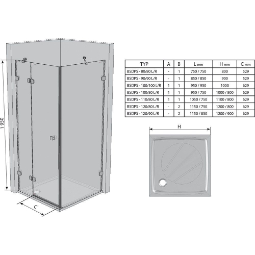 Душова кабіна Ravak BRILLIANT BSDPS - 120x80 R/L Transparent, хром, безпечне скло, 0ULG4A00Z1+0UPG7A00Z1