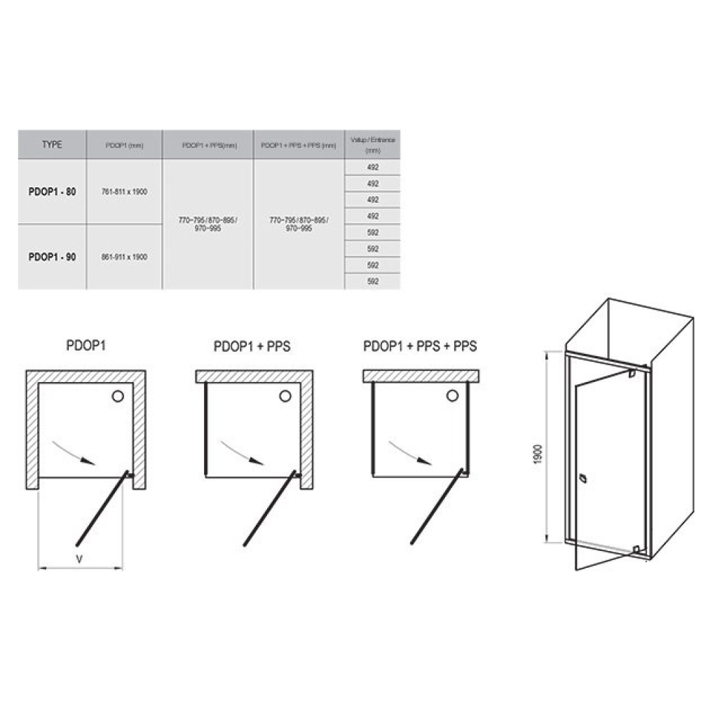 Душевые двери Ravak PIVOT PDOP 1 - 90 Transparent, профиль сатин, безопасное стекло, 03G70U00Z1
