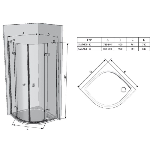 Душова штора Ravak SMARTLINE SMSKK 4 - 90 Transparent, безпечне скло, профіль хром, 3S277A00Y1