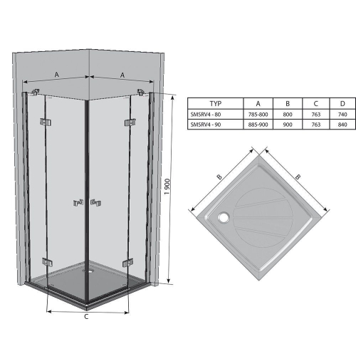 Душова штора Ravak SMARTLINE SMSRV 4 - 90 Transparent, безпечне скло, профіль хром, 1SV77A00Z1
