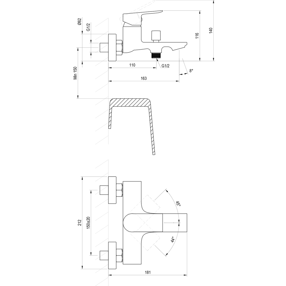 Настенный смеситель для ванны Ravak Plan, X070508