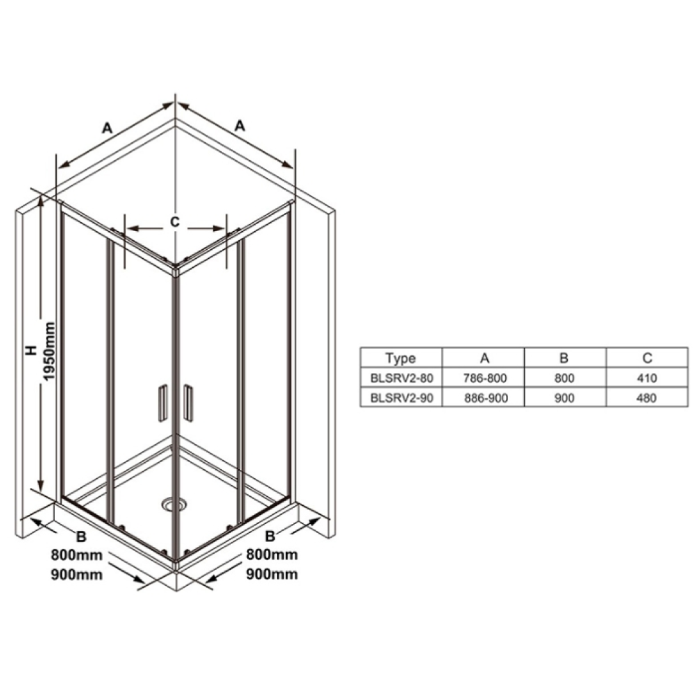  Душовий куточок Ravak BLIX Slim BLSRV2-90, полірів. алюміній + TRANSPARENT, X1LM70C00Z1