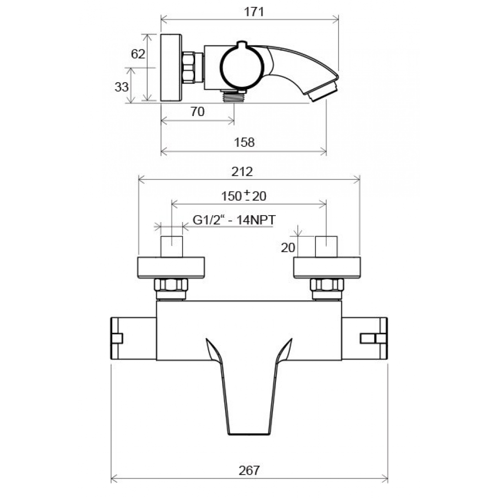 Термостатический настенный смеситель для ванны без лейки Ravak TERMO 150, X070046