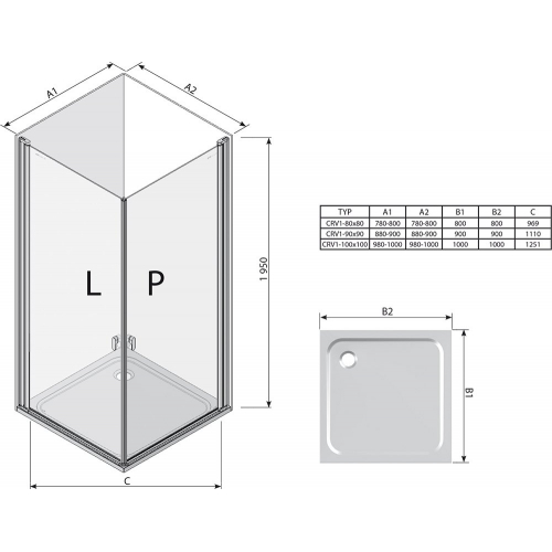 Прямоугольная душевая кабина Ravak CHROME CRV 1 - 90 Transparent, профиль сатин, безопасное стекло,
