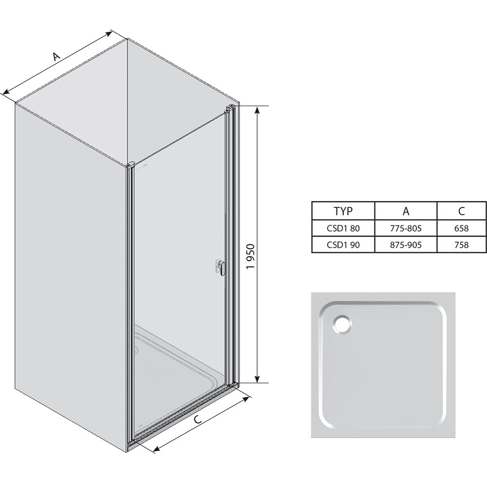 Душевая дверь Ravak CHROME CSD 1 - 90 Transparent, профиль сатин, безопасное стекло, 0QV70U00Z1