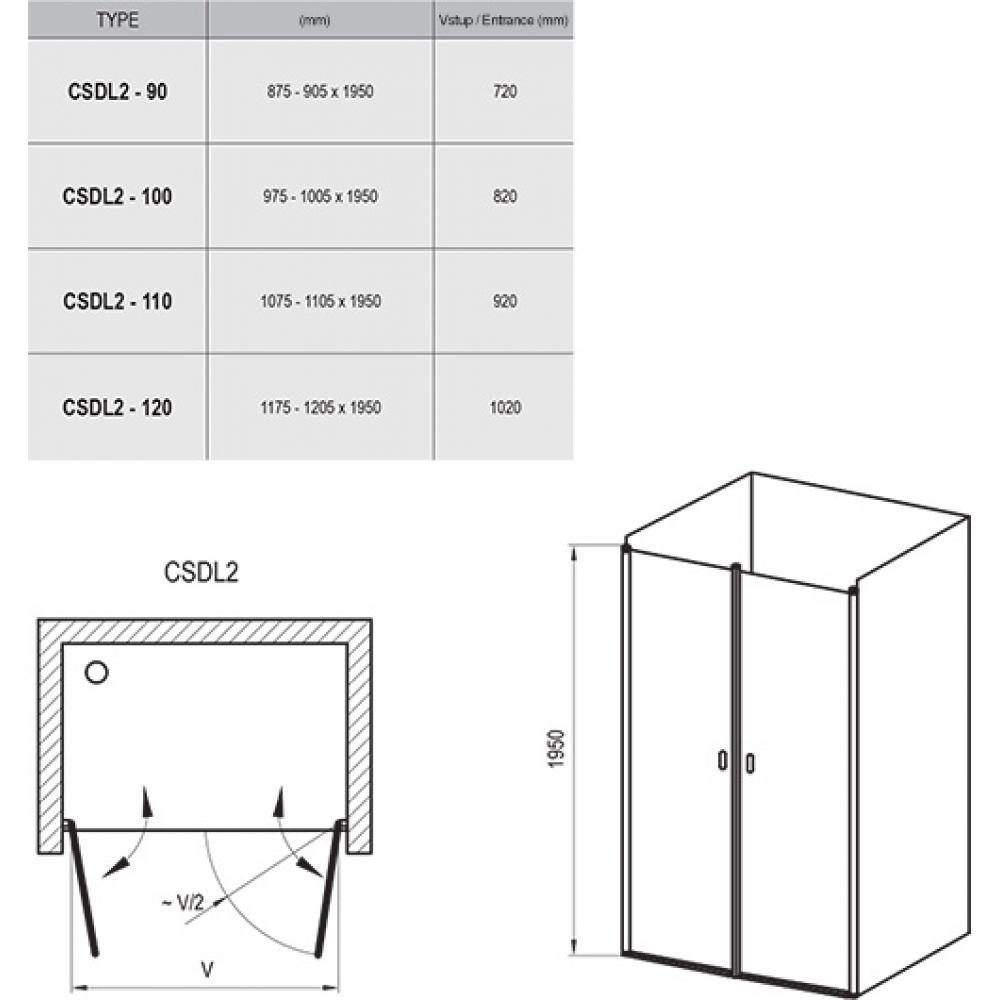 Душевые двери Ravak Chrome CSDL2-110 Белый TRANSPARENT 0QVDC10LZ1